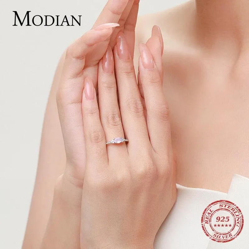 Women Silver Pink Moon Sterling Stone Elegant Stackable Finger Ring For Christmas Jewelry
