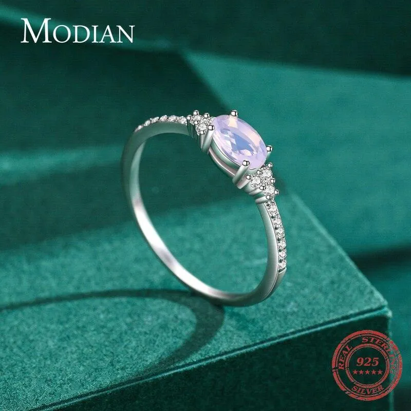 Women Silver Pink Moon Sterling Stone Elegant Stackable Finger Ring For Christmas Jewelry