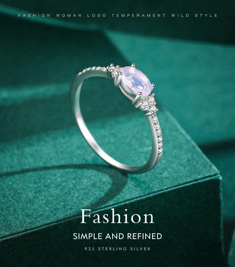 Women Silver Pink Moon Sterling Stone Elegant Stackable Finger Ring For Christmas Jewelry